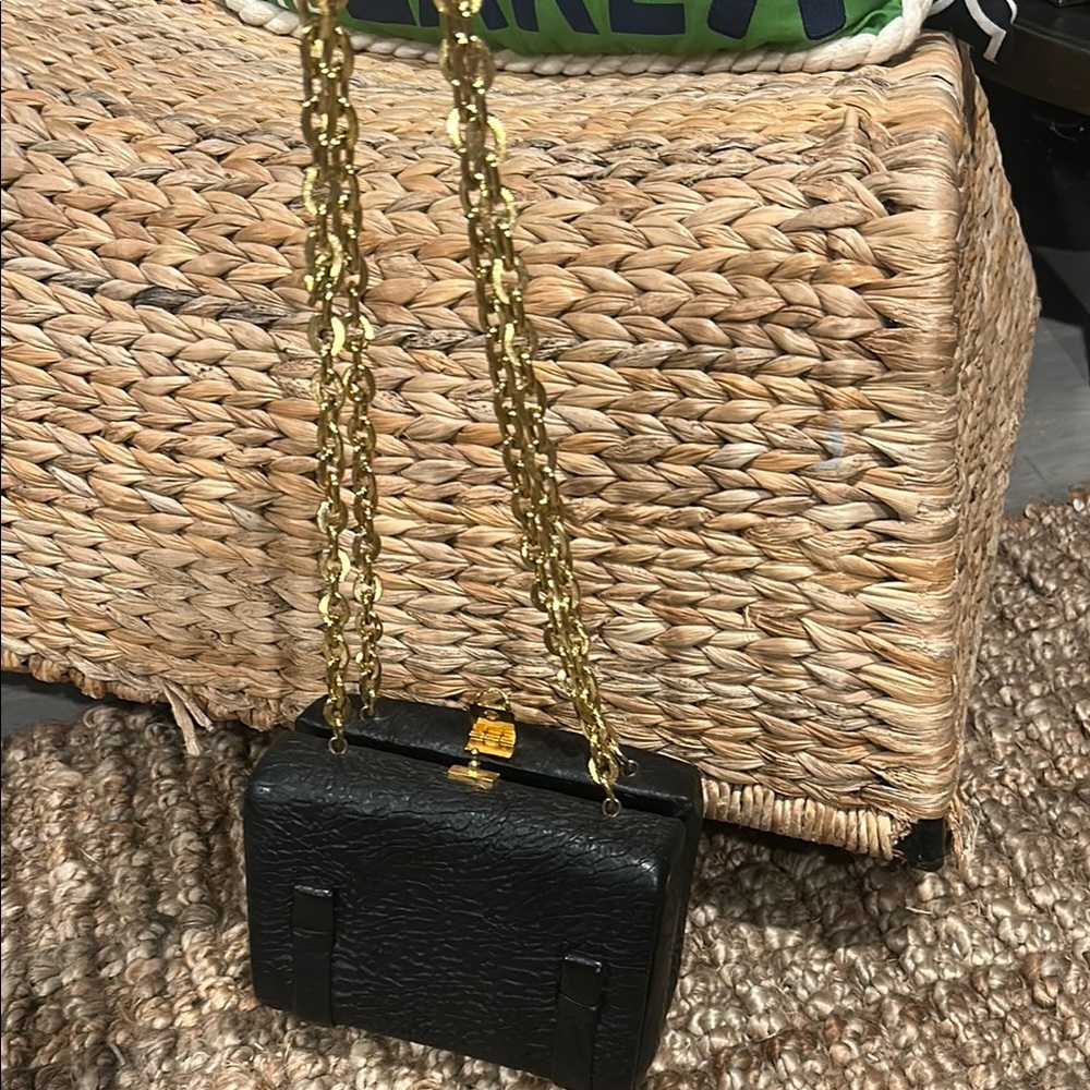 Tano of Madrid Black Leather Box Bag Chunky Gold Chain Purse